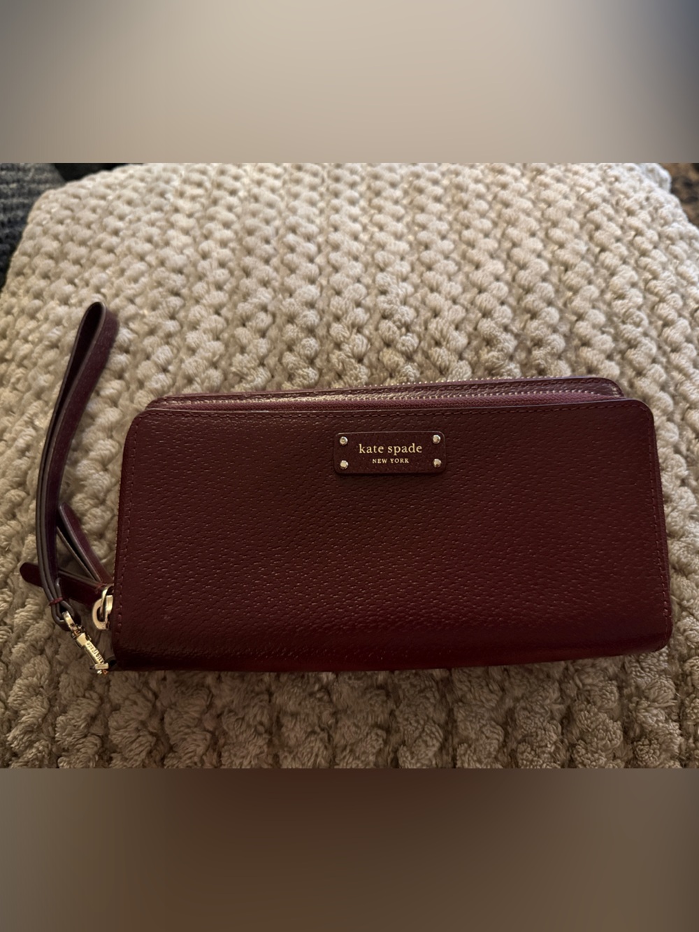 kate spade Burgundy Pebbled Leather Zip Wristlet